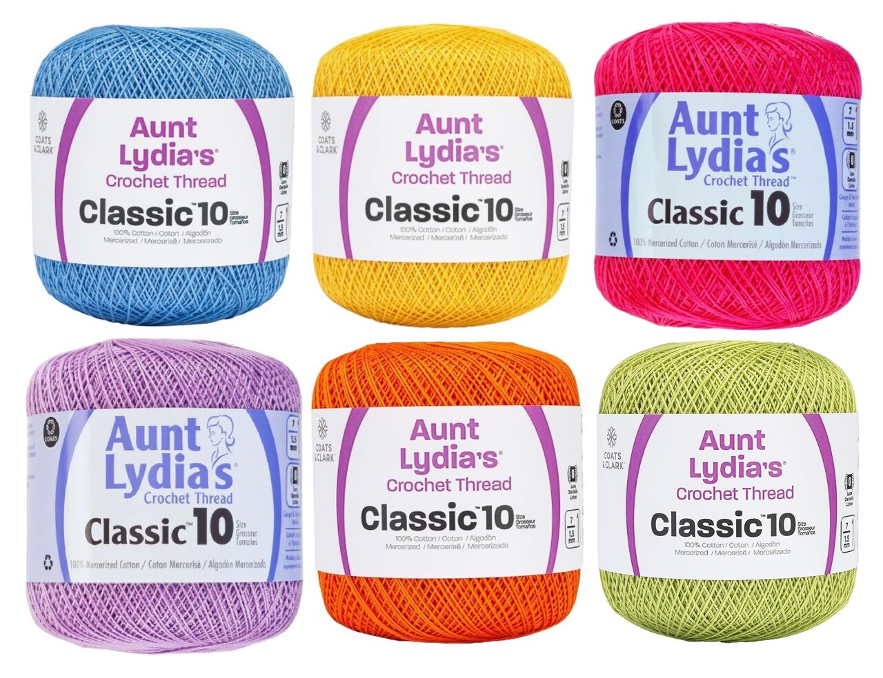 Coats & Clark Aunt Lydia's Crochet Thread Cotton Classic 10-6 Skein Assortment (Brights)